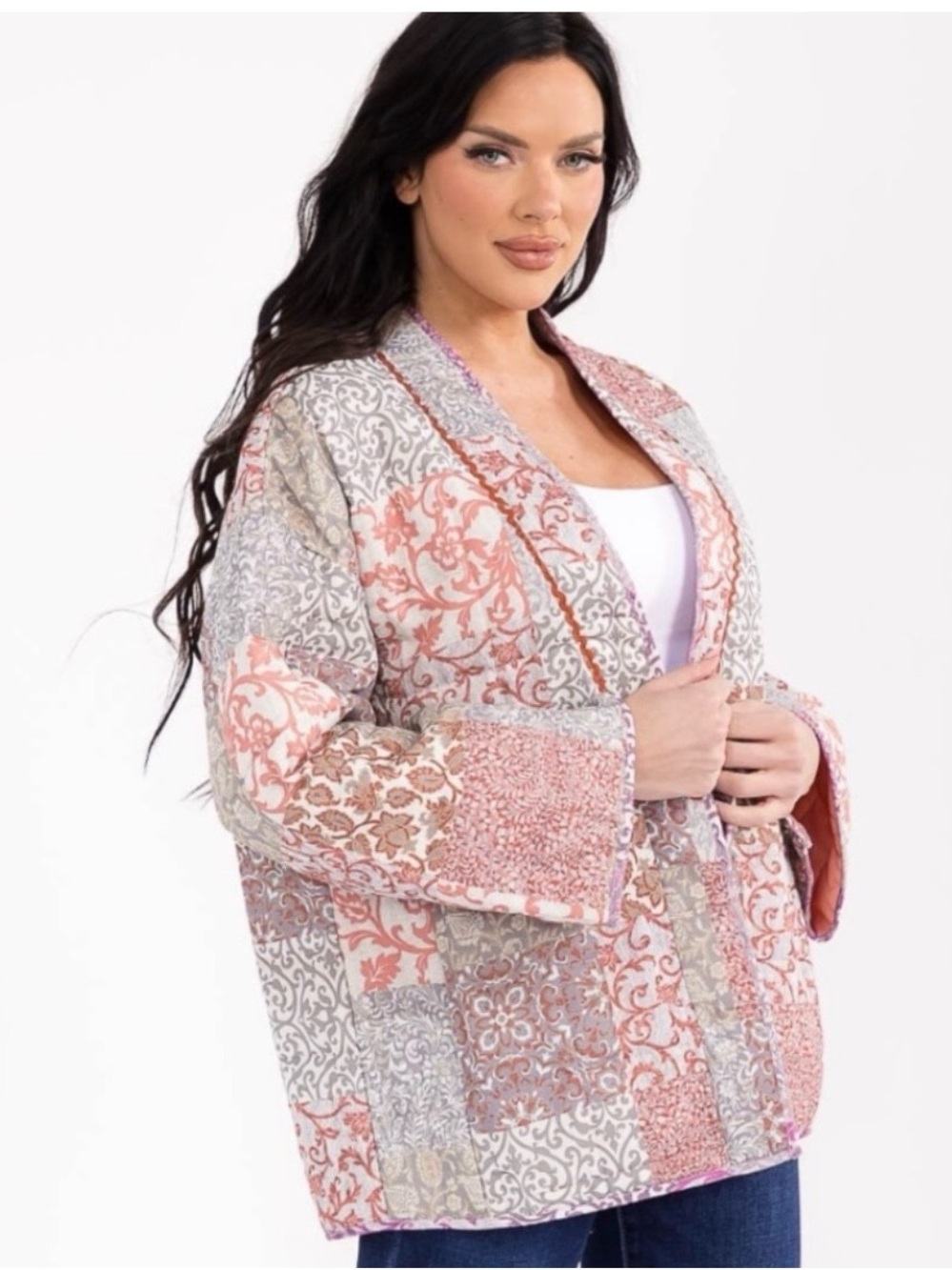 Patchwork Quilted Robe Jacket in Pink and Gray